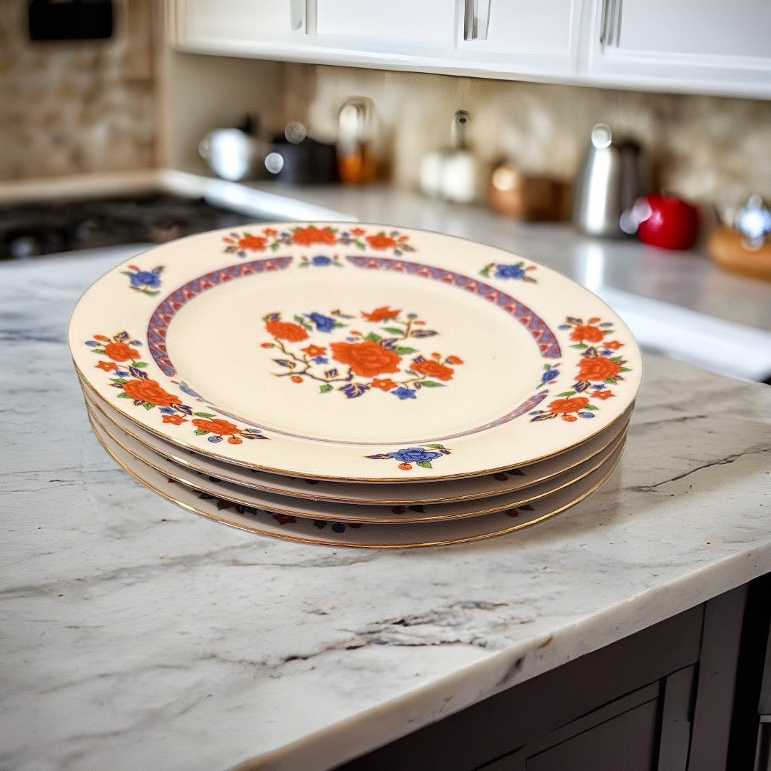 4 CROWN MING OLD IMARI Dinner Plates 10.5” Jian Shiang China Faded Gold Trim