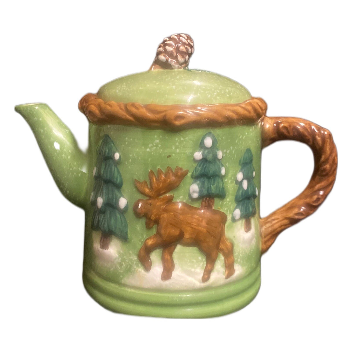 BICO 3D Holiday Teapot w/ 3 Mugs Moose Bear Pine Cone Lid Christmas Cabin Decor