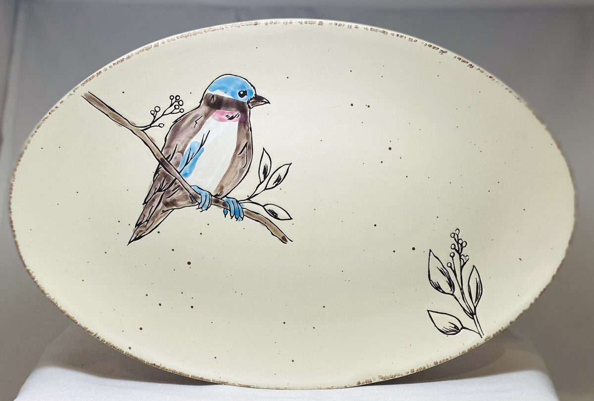 Inhomestylez Oval Ceramic Platter – Hand-Painted Bird Branch Design – 14”
