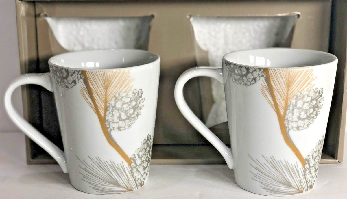 St Nicholas Square Pinecone Mugs Set of 2 Gold Silver White Holiday Winter Cups