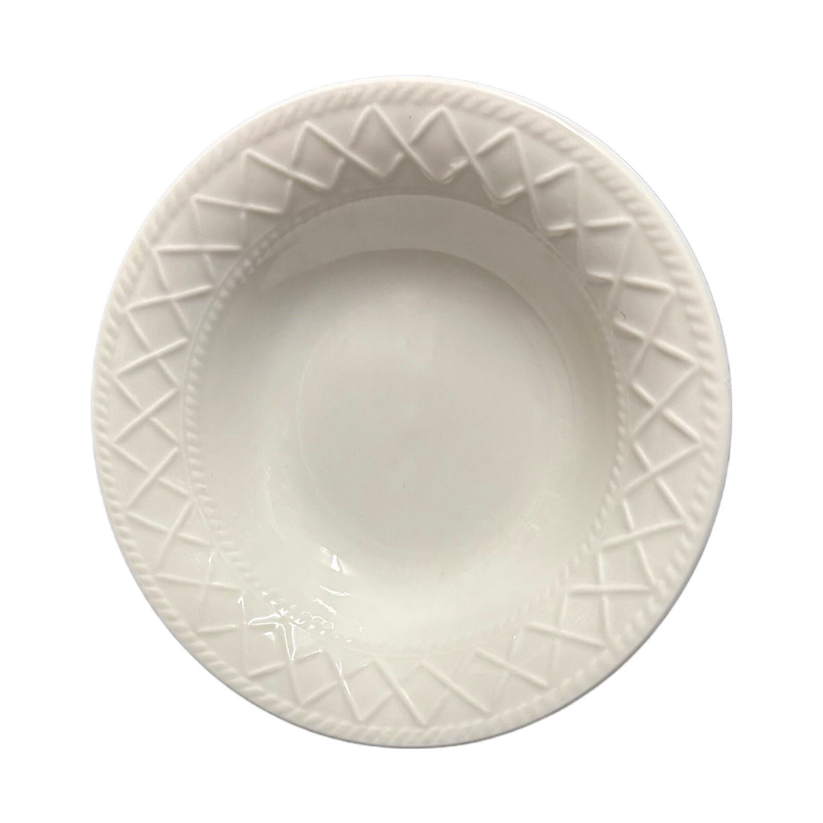 TOTALLY TODAY 6-Cereal Bowls All White Embossed Criss-Cross Border Ceramic Dish