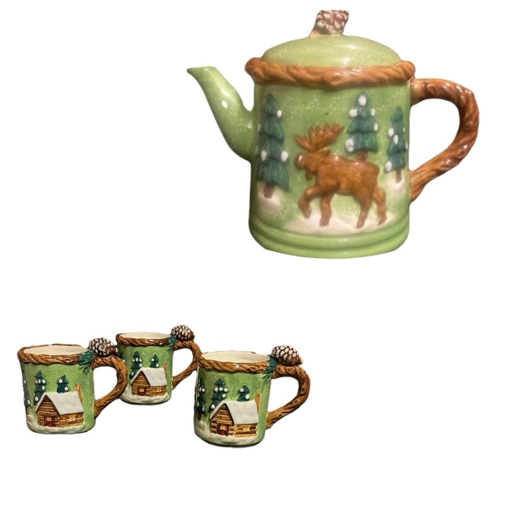 BICO 3D Holiday Teapot w/ 3 Mugs Moose Bear Pine Cone Lid Christmas Cabin Decor