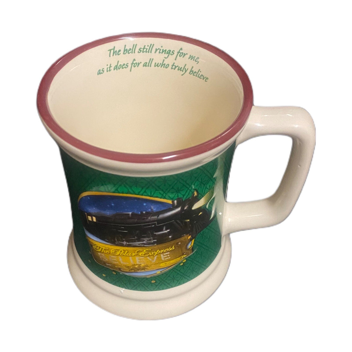 The Polar Express Green BELIEVE 3D Raised Ceramic Coffee Chocolate Cup Train
