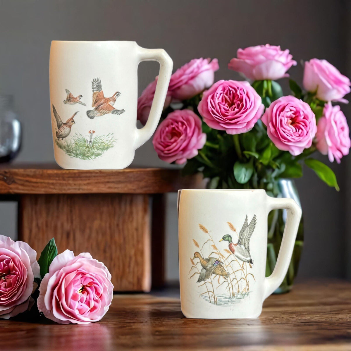 Vintage Mugs 2-Pheasants Quail Dog Hyalyn USA Pottery Ceramic Cups Game Birds