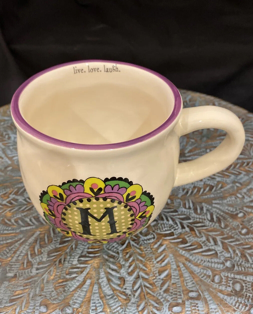 Natural Life “M” Monogram Ceramic Mug Cup – Live Love Laugh, Boho Floral Gift