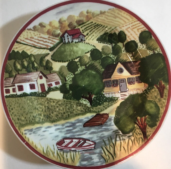Rare Gibson Housewares 4-Salads Plates Farm Scene Village Dessert Dishes 8" D