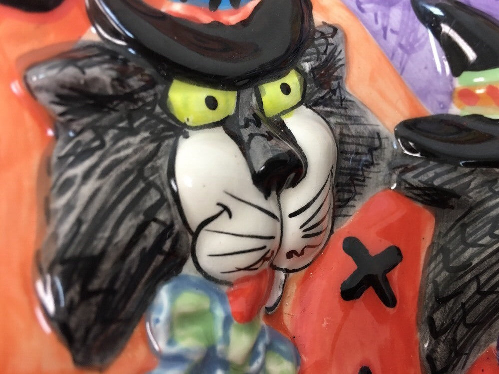 Fitz & Floyd KITTY WITCHES Halloween HandCrafted Ceramic Deep Platter Candy Bowl