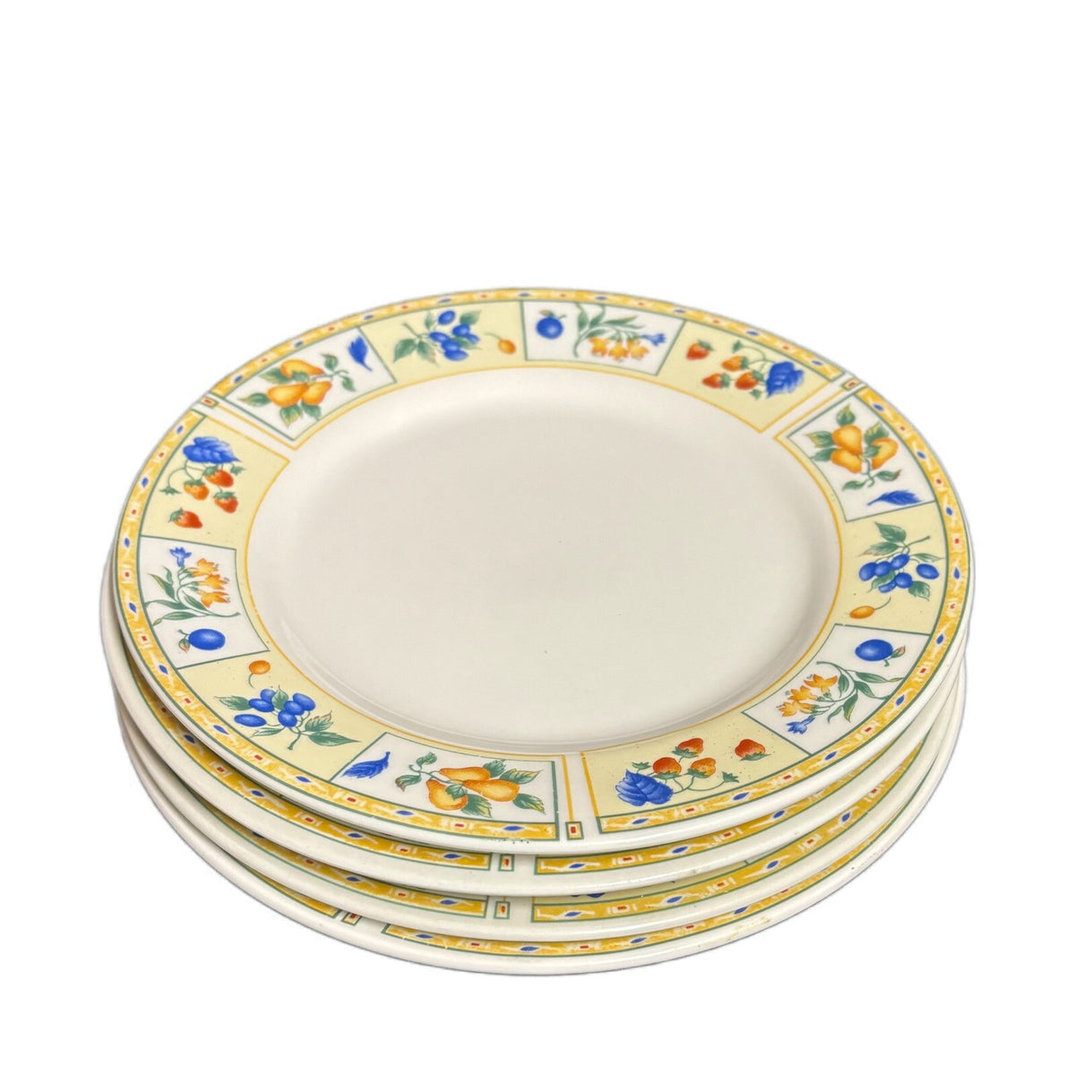 Gibson Designs FRUIT A PLENTY 4-Salad Plates Fruits Yellow Border Dessert Dish