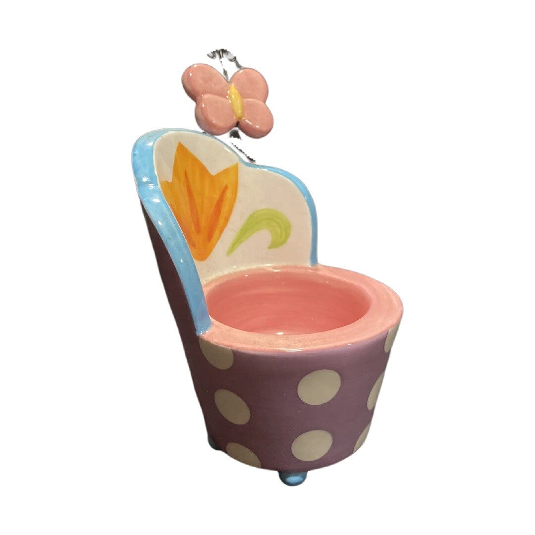 AVON Ceramic Tealight Candle Holder Chair Style Pink Butterfly White Polka Dot