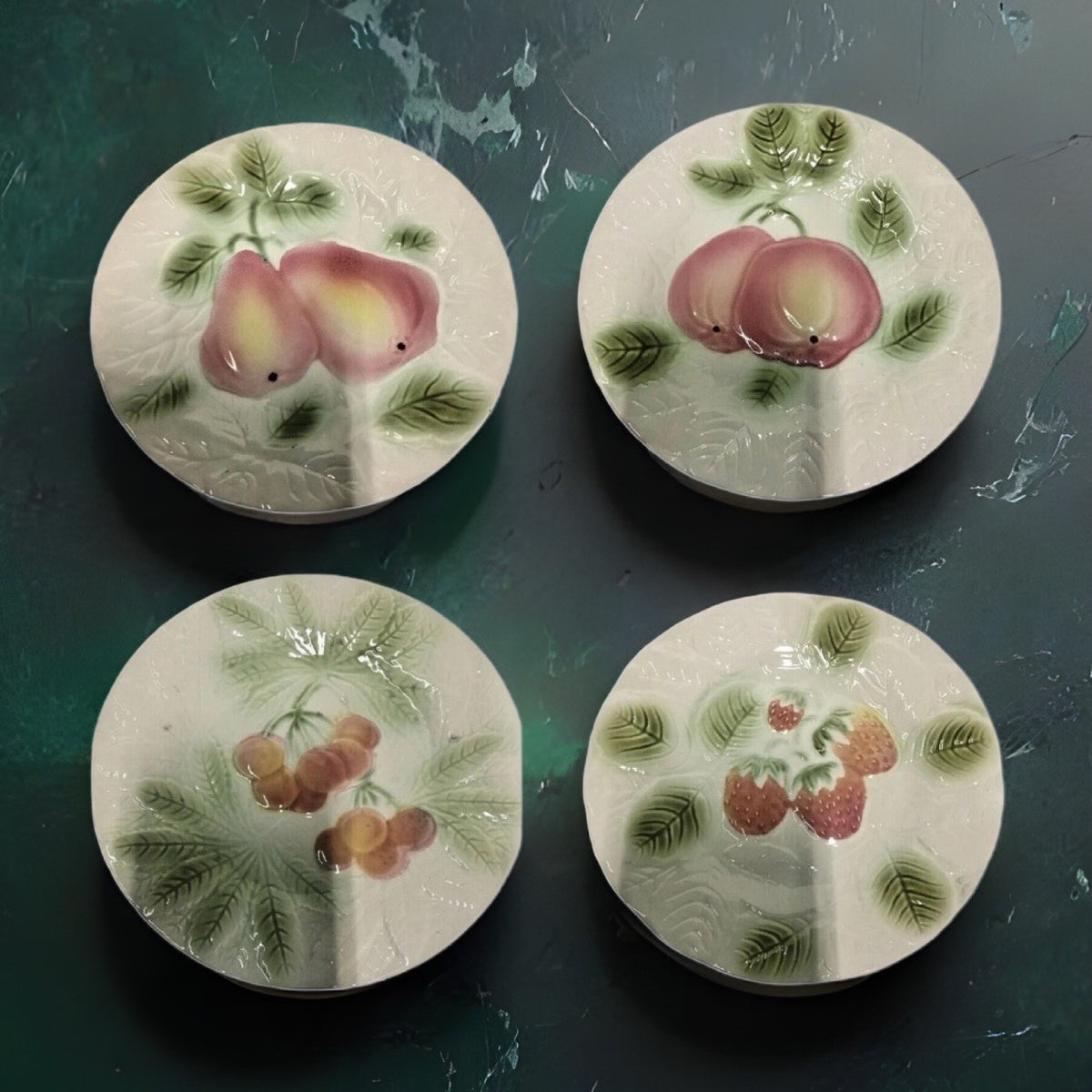 Majolica 4 Salad Plates SALIN LES BAINS France Pottery Dessert Embossed  7 3/4”D