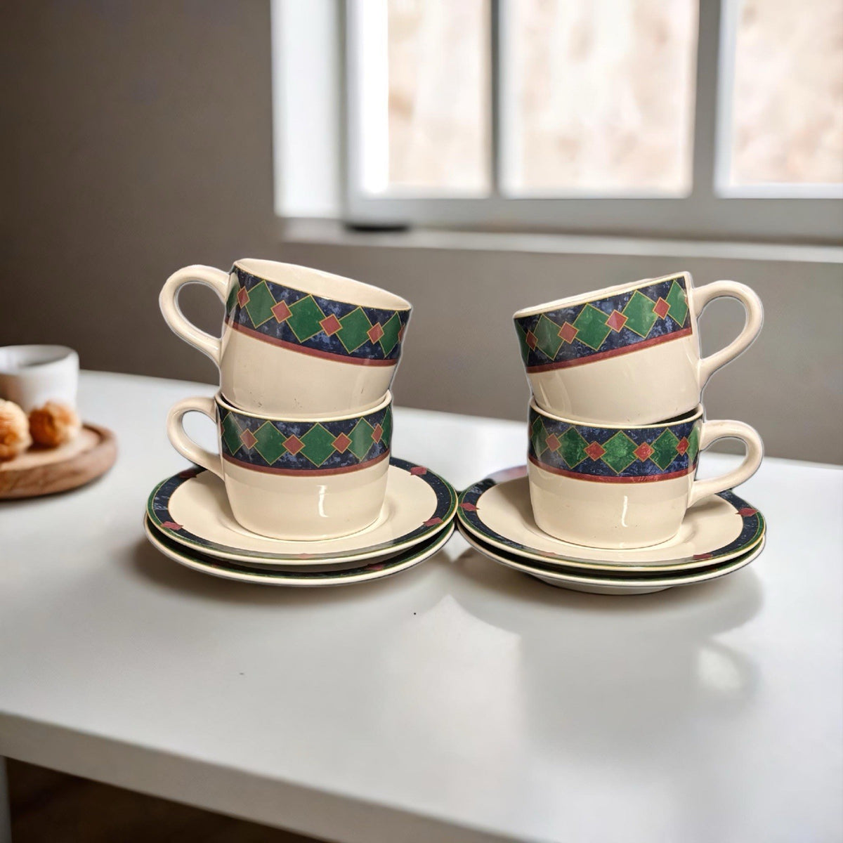 Pfaltzgraff AMALFI Classic 4-Cups 4-Saucers Tea Coffee Ceramic Geometric Design