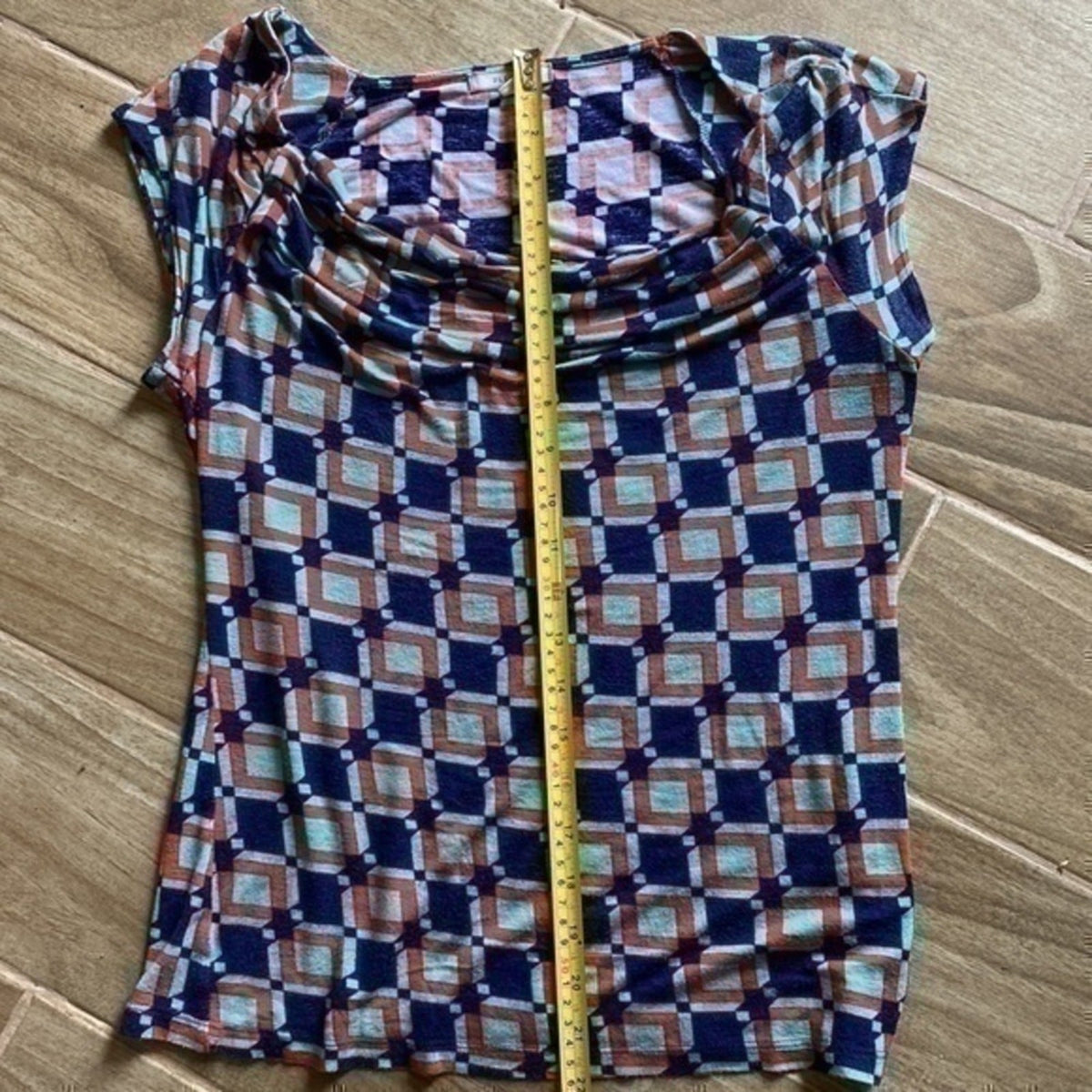 Pleione XS Women’s Blouse Red Blue Geometric Cowl Neck Cap Sleeve Stretch Top