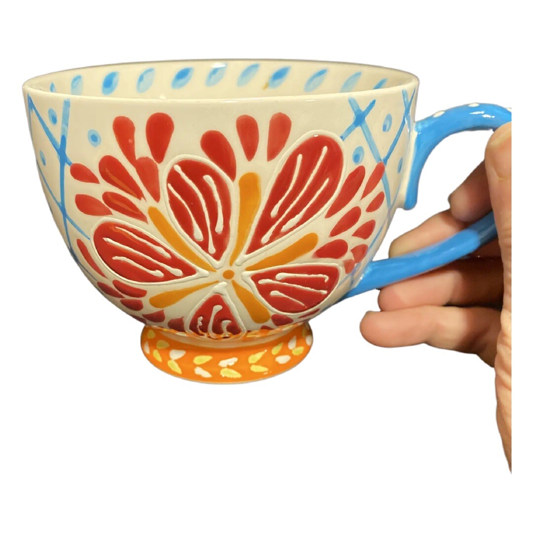 Coastline Imports Artistic Accents Ceramic Floral Coffee Mug Blue Handle Tea Cup