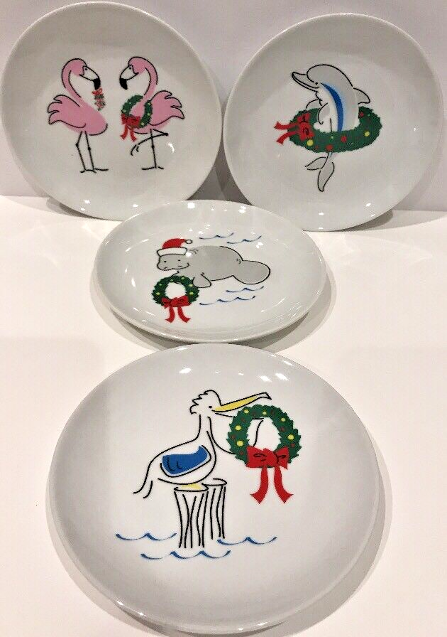 FLORIDA MARKETPLACE 4 Dessert Plates Manatee-Flamingos-Dolphin-Pelican 6 1/2" D