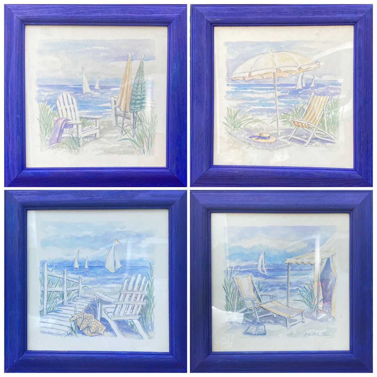 Vintage Set of 4 Charlene Winterle Olson Coastal Beach Prints Blue Frame 11.5"