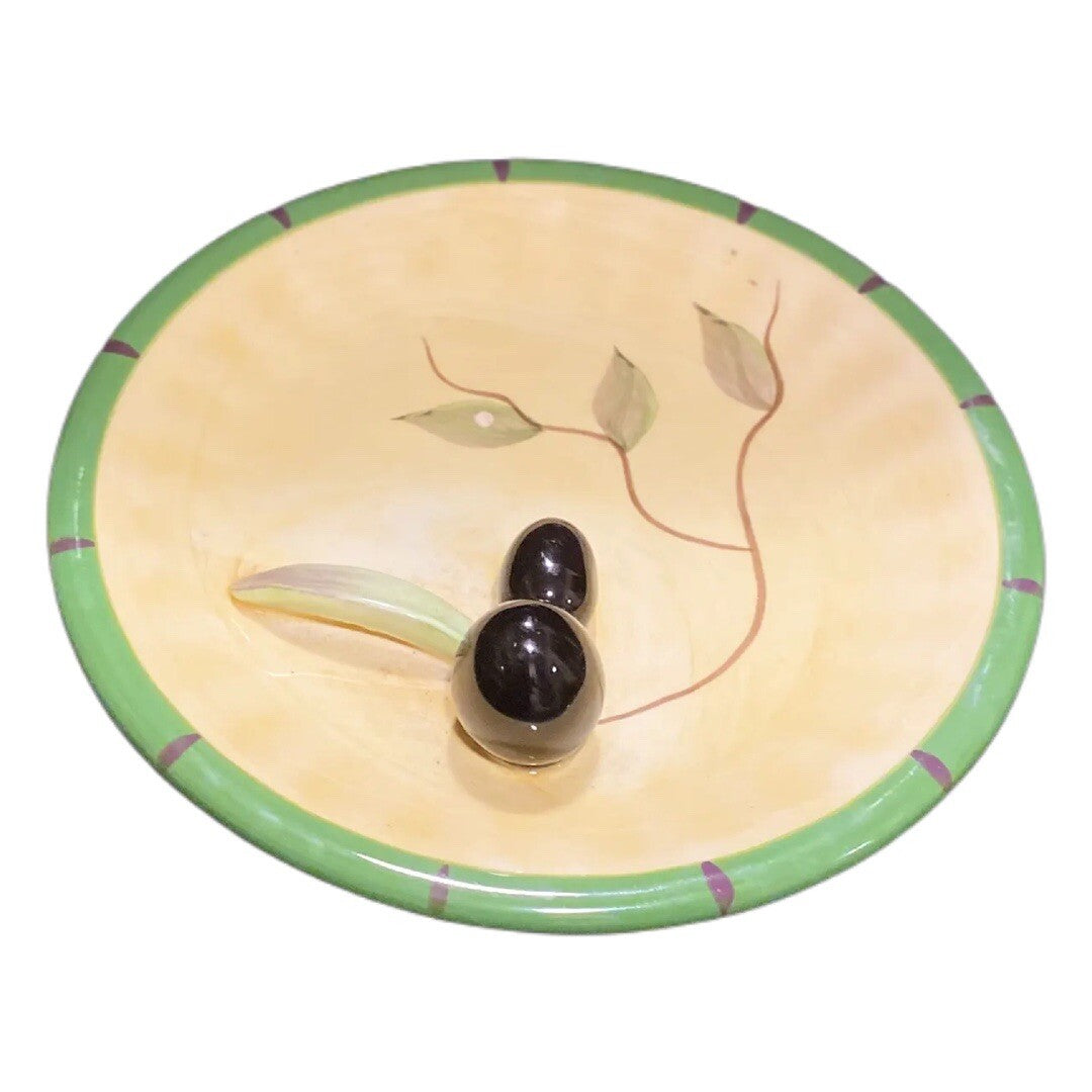 Vintage CALI Snack Canapé Plate Pottery Ceramic 3D Olives Oil Dip Green Border