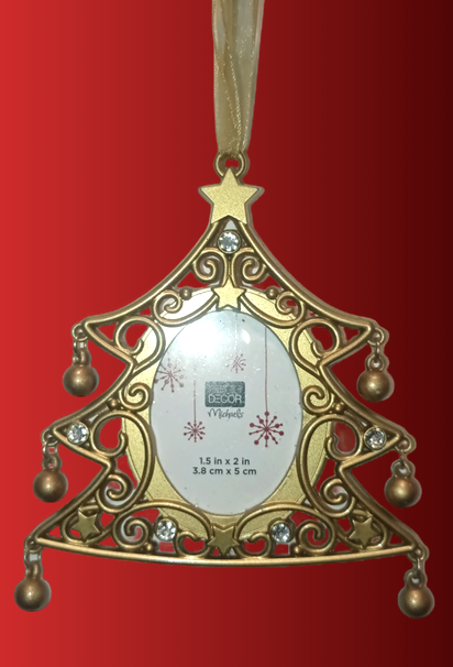 Golden Frame Christmas Tree Shaped Embellished Stones Photo Hanger Star & Balls