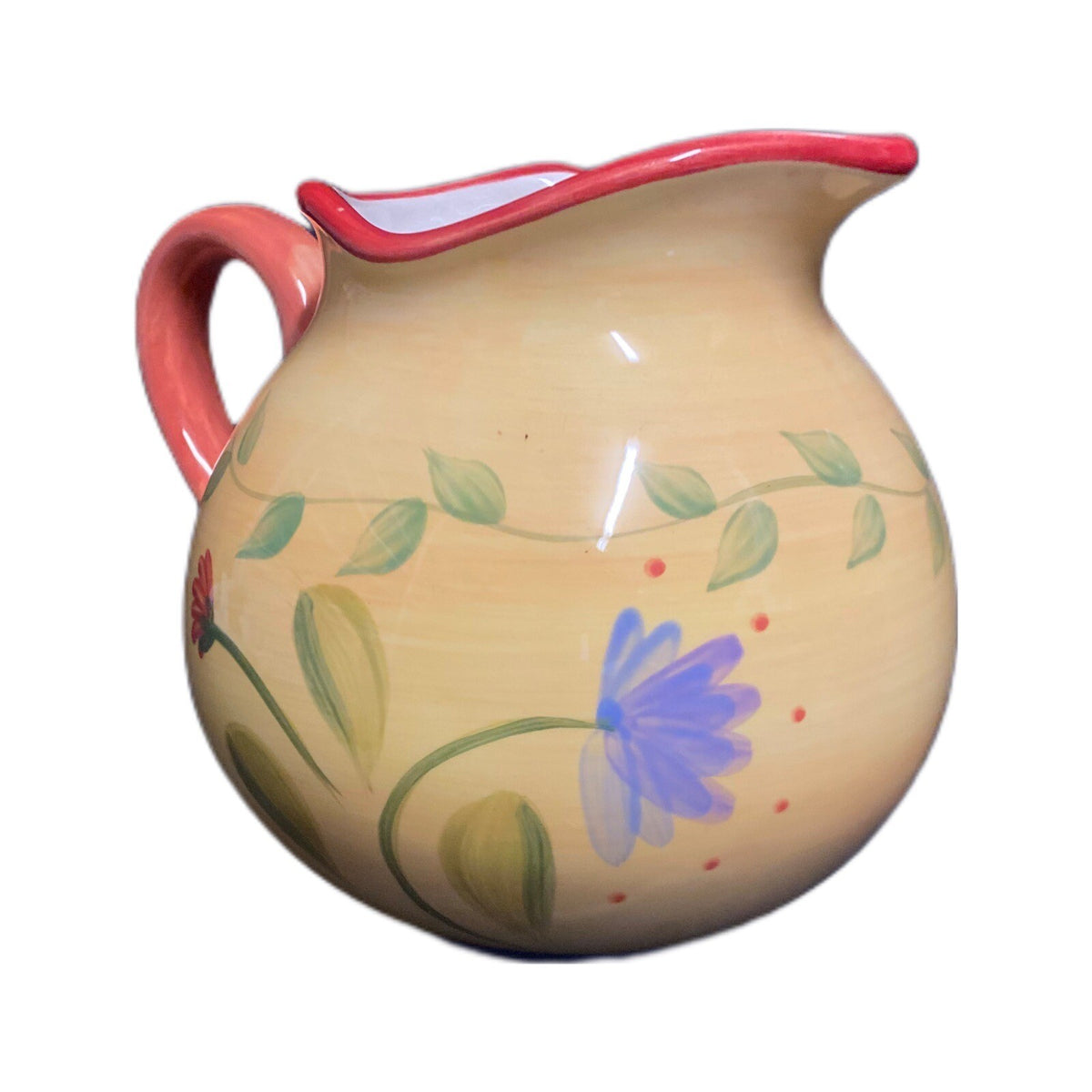 Pfaltzgraff NAPOLI Creamer Hand Painted Yellow Stoneware Floral Red Trim Pitcher