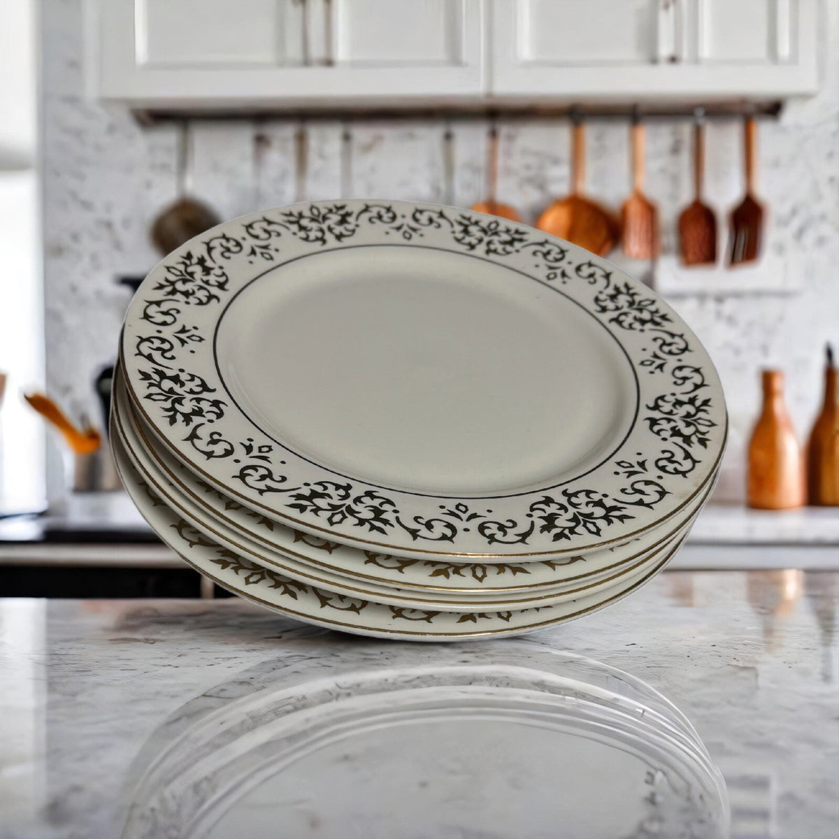 Tienshan CLASSIC GOLD 4-Salad Plates Fine China White Gold Swirls Design & Trim