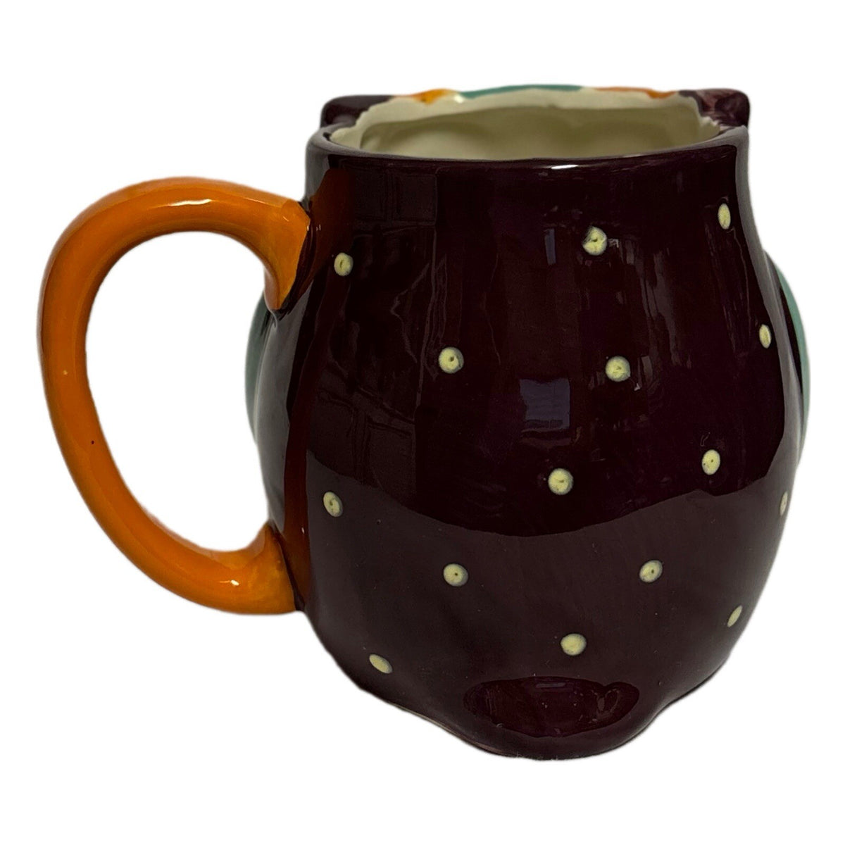 Rustic Barn Owl Mug Ceramic Coffee Tea Cup Orange Handle Black White Dots