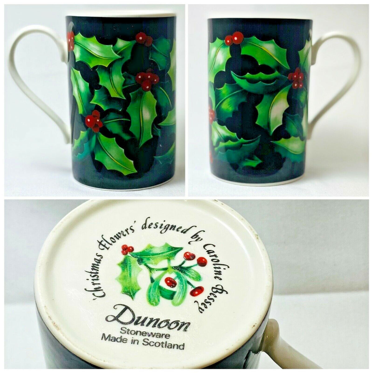 Dunoon Caroline Bessey Stoneware Mug Christmas Flowers Holly Scotland 8 Oz. Cup