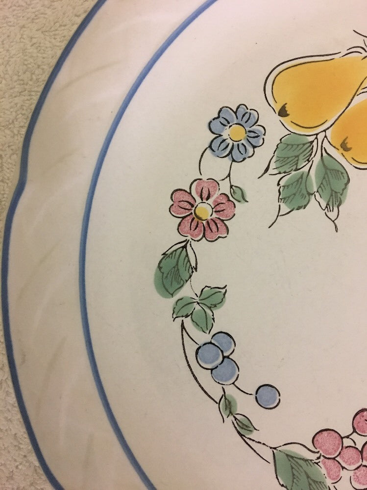 "VINA FERA" Durasafe Dinner Plate Fruits Flowers Blue Trim Oven Safe 10 3/4" D