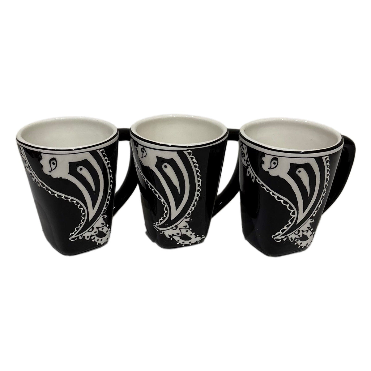 Rare ND 4-Salad Plates 3-Mugs Black White Hand-Painted Ceramic Dinnerware Set