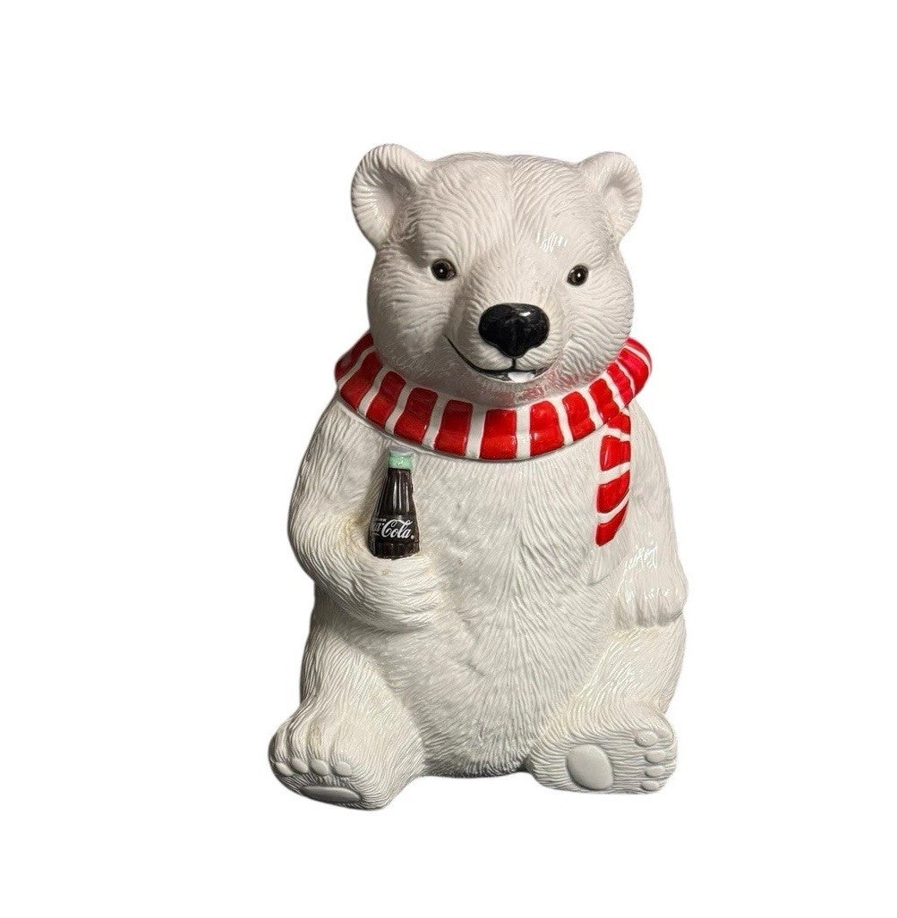 Vintage 1994 Coca-Cola Polar Bear Cookie Jar w/ Scarf & Coke Bottle
