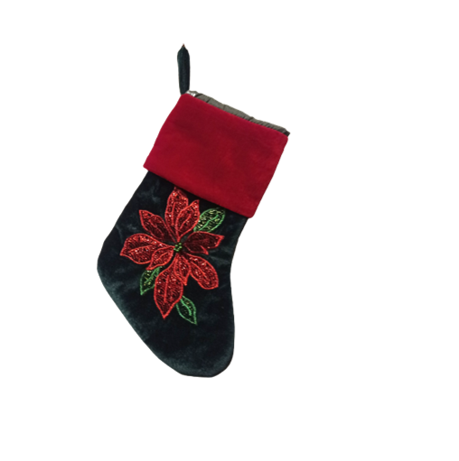 VINTAGE VELVET CHRISTMAS STOCKING POINSETTIA RED GREEN APPLIQUÉ