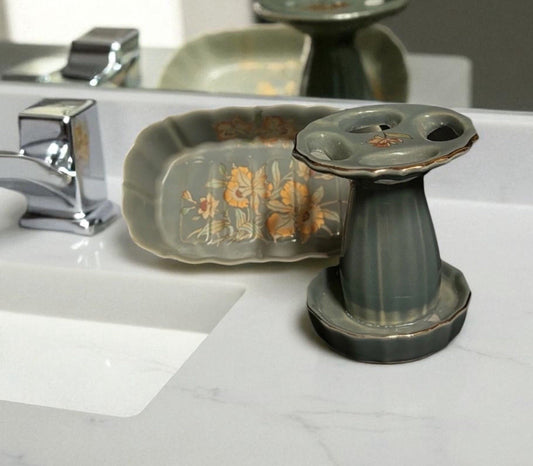 Imperial Japan Soap Tray & Toothbrush Holder Set — Ceramic Floral, Gold Accent
