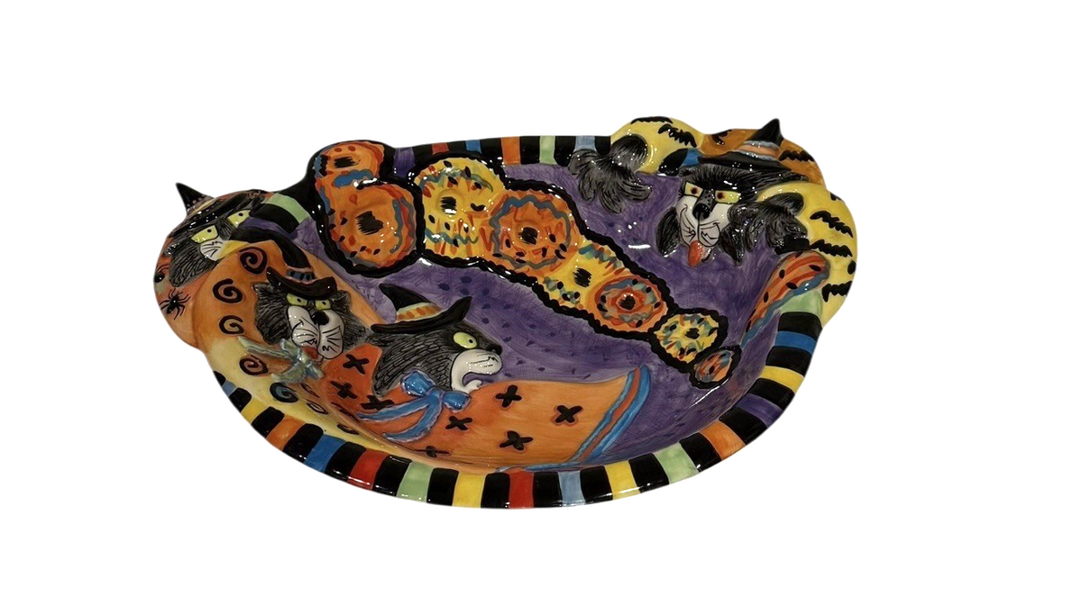 Fitz and Floyd Kitty Witches Halloween Cat Bowl Large 14” Handcrafted Ceramic
