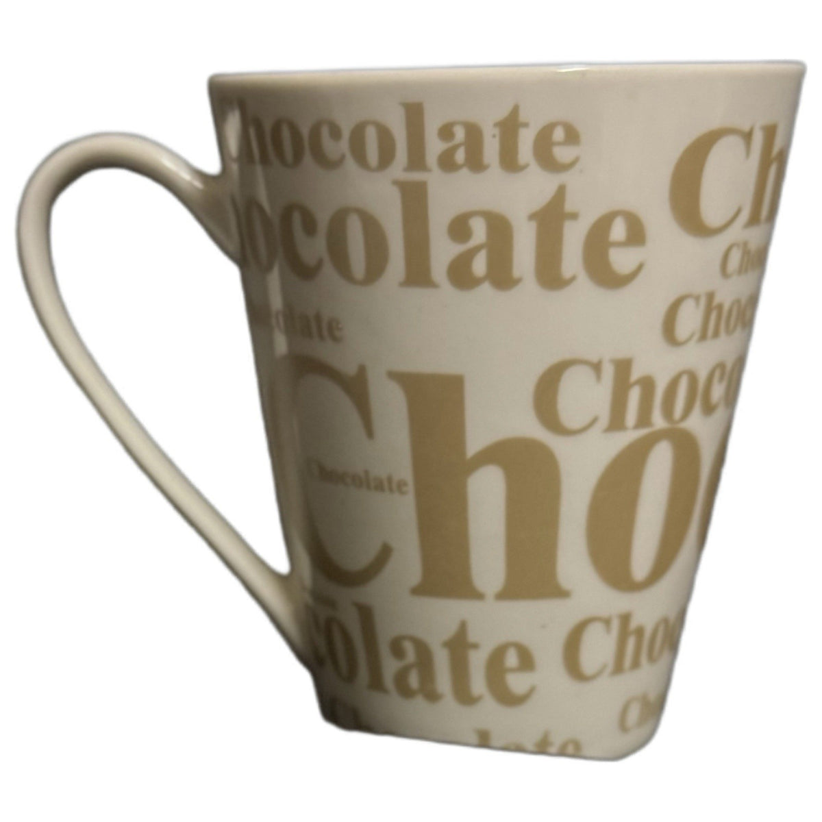 Chocolate Mug White Coffee Hot Cocoa Cup 10 oz Tan Brown Typography Letters