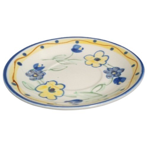 Gibson Designs CONFETTI FLORAS 4-Saucers 5 7/8"D Blue Yellow Floral Dots Ceramic
