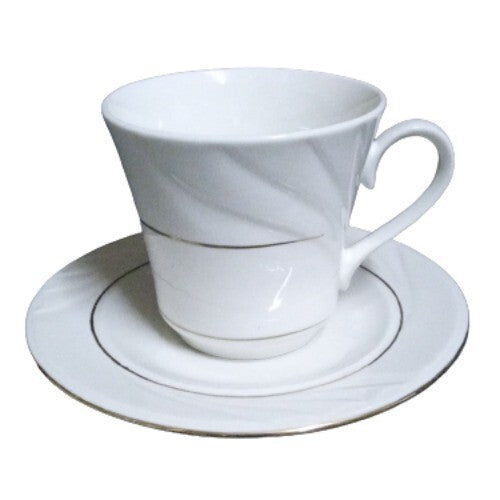 Gibson GOLDEN EMBRACE Cup & Saucer 8 oz Gold Ring Embossed Curves On Rim White