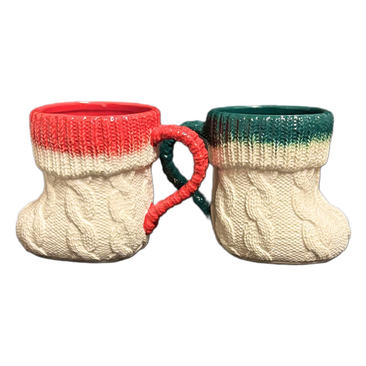 Anthropologie 2-Mugs CABLE KNIT Design Winter Holiday Boot Shape Coffee Tea Cups