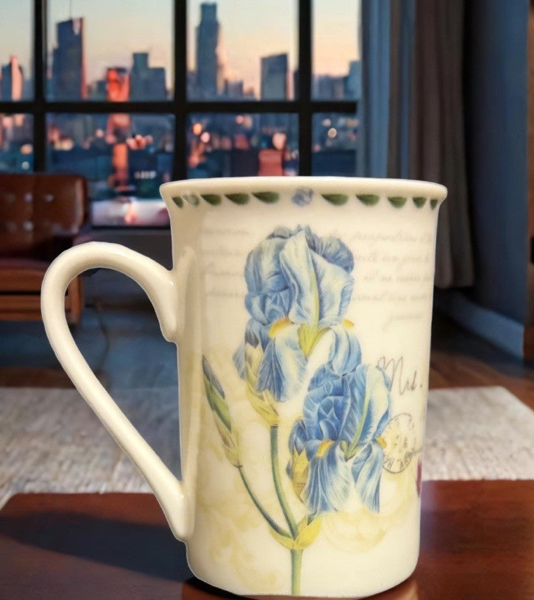 Kent Pottery Bone China Mug Blue Iris Butterfly Floral Tea Coffee Cup 10 oz