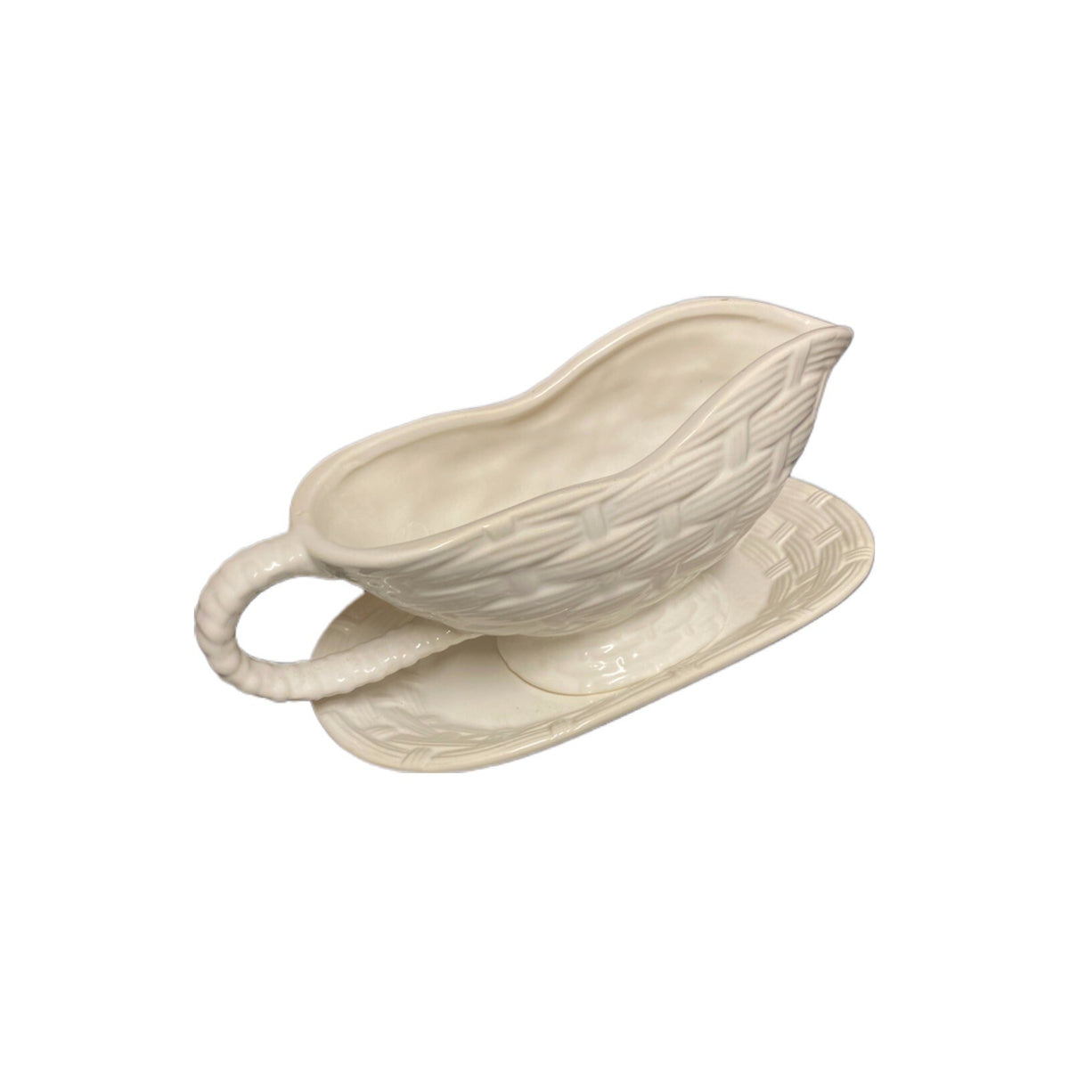 ROSE GARDEN Gravy Boat & Underplate White Basketweave Design Taiwan Stoneware