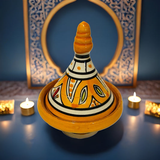 Hand-Painted Moroccan Mini Tagine – Orange Condiment or Spice Dish 3½D
