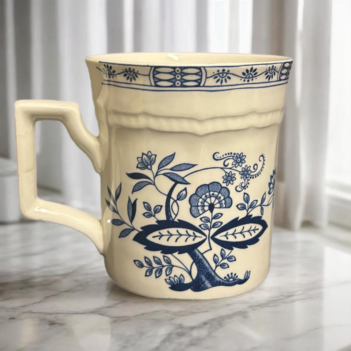 Vintage 2-Kensington Mugs Staffordshire England Ironstone Coffee Cup Blue Ivory