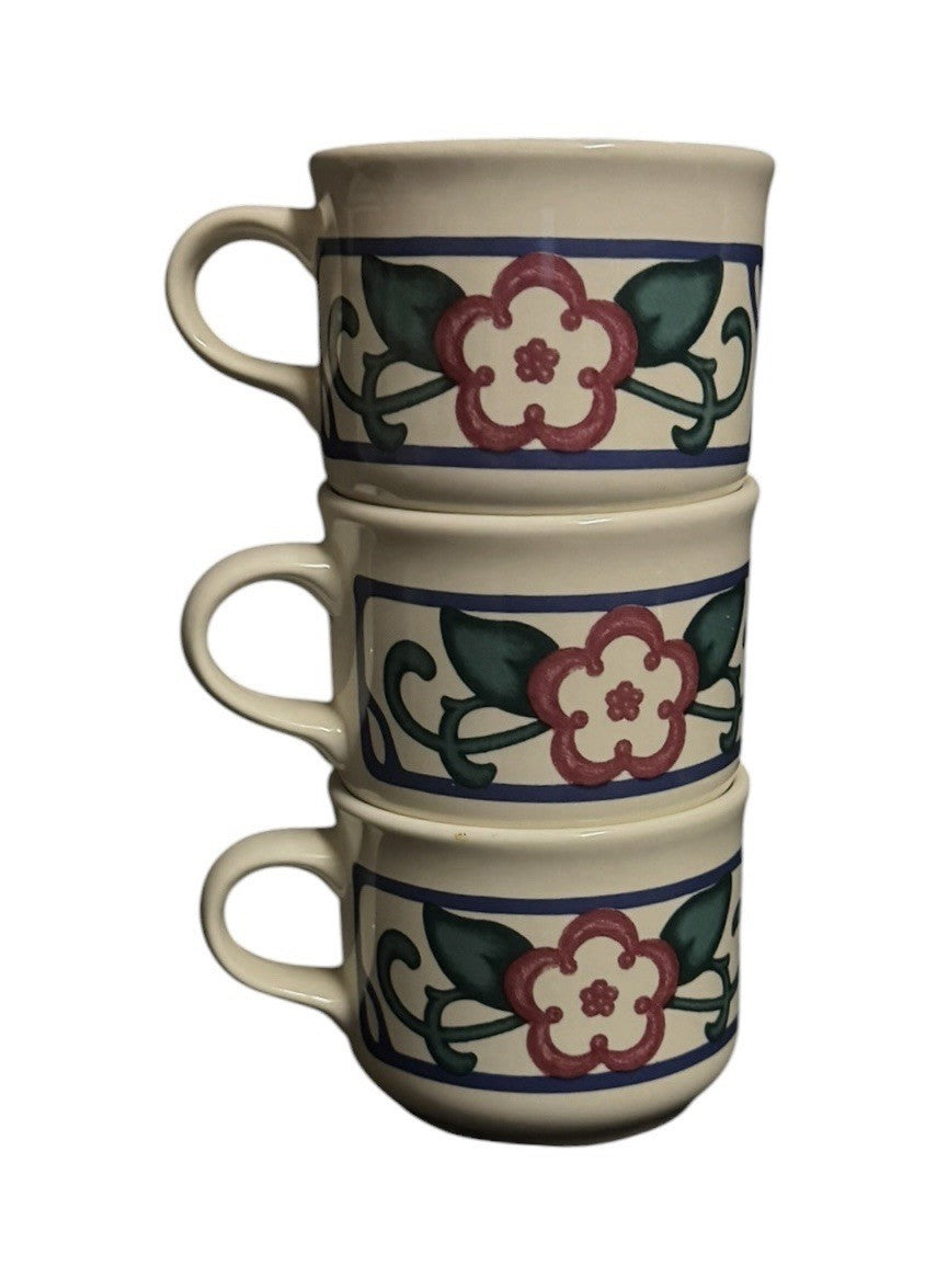 Pfaltzgraff Arbor Vine Set of 3 Coffee Tea Cups Mugs Stoneware Cream Floral