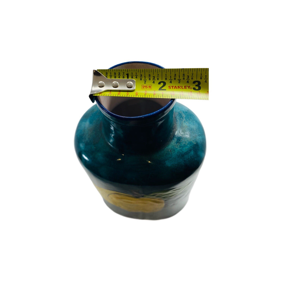 Vintage Vase Hand Painted TALAVERA Mexican Pottery Turquoise Yellow Apple Pear