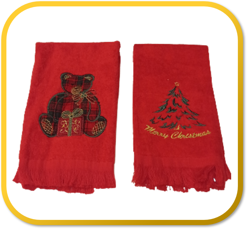 2 Towel Merry Christmas Tree & Bear Embroidered Aplique Red 100% Cotton