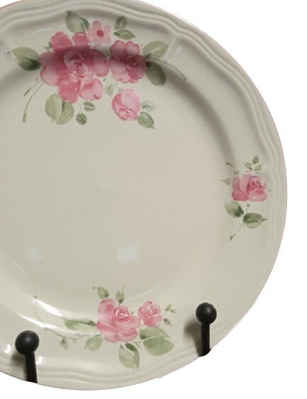 Gibson Designs ROSELAND 6-Dinner Plates 10 ½” D Pink Roses Pink Trim Tan Body