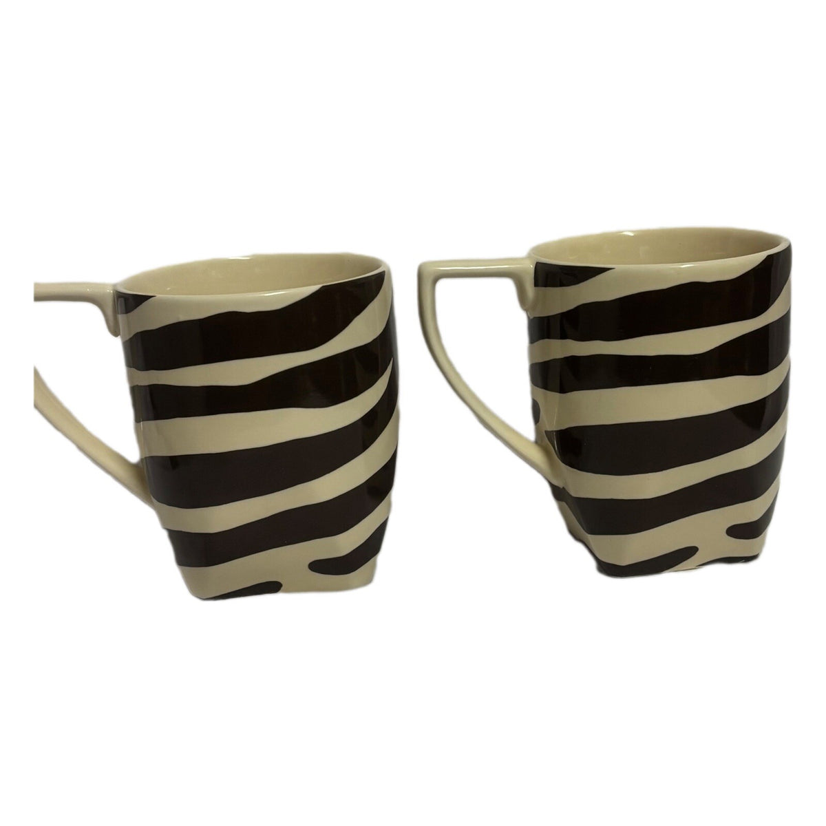 222 Fifth 2-Mugs BROWN ZEBRA Fine Porcelain Coffee Tea Cups Stripes PTS Int'l