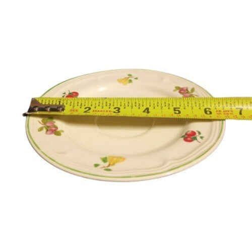 Gibson Designs ORCHARD Saucer 6 ½” D Green Trim Fruit On Rim Cream Background