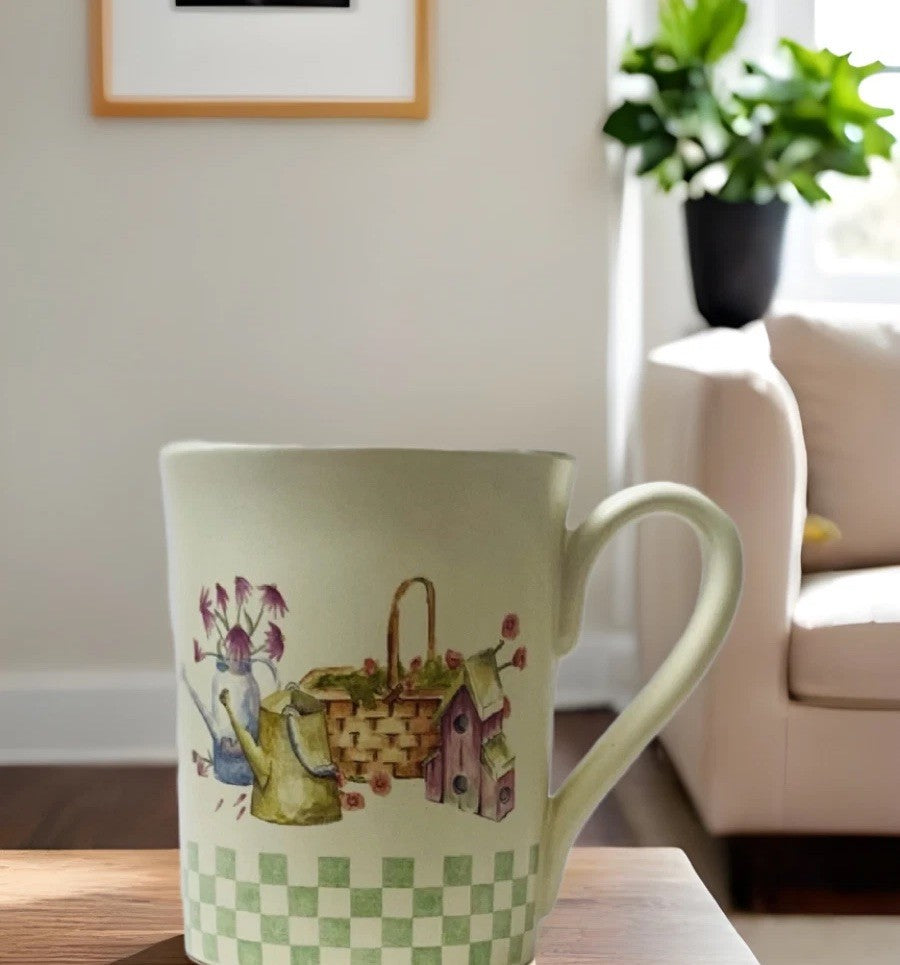 Sonoma In The Garden Mug Green Check Birdhouse Watering Can Coffee Cup