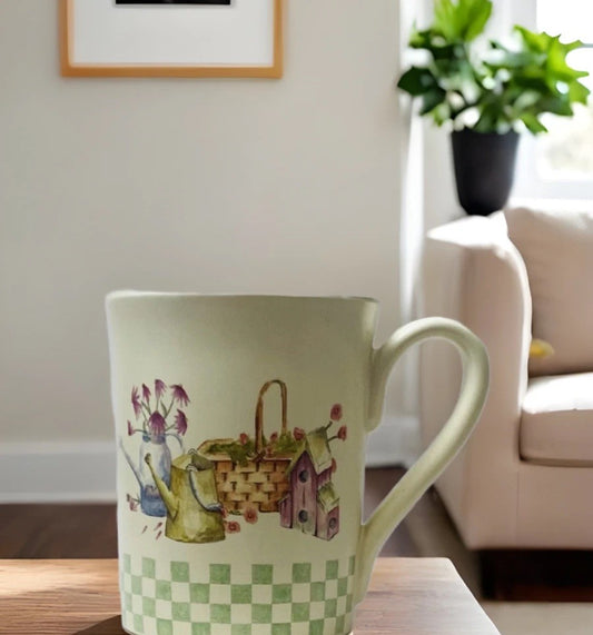 Sonoma In The Garden Mug Green Check Birdhouse Watering Can Coffee Cup