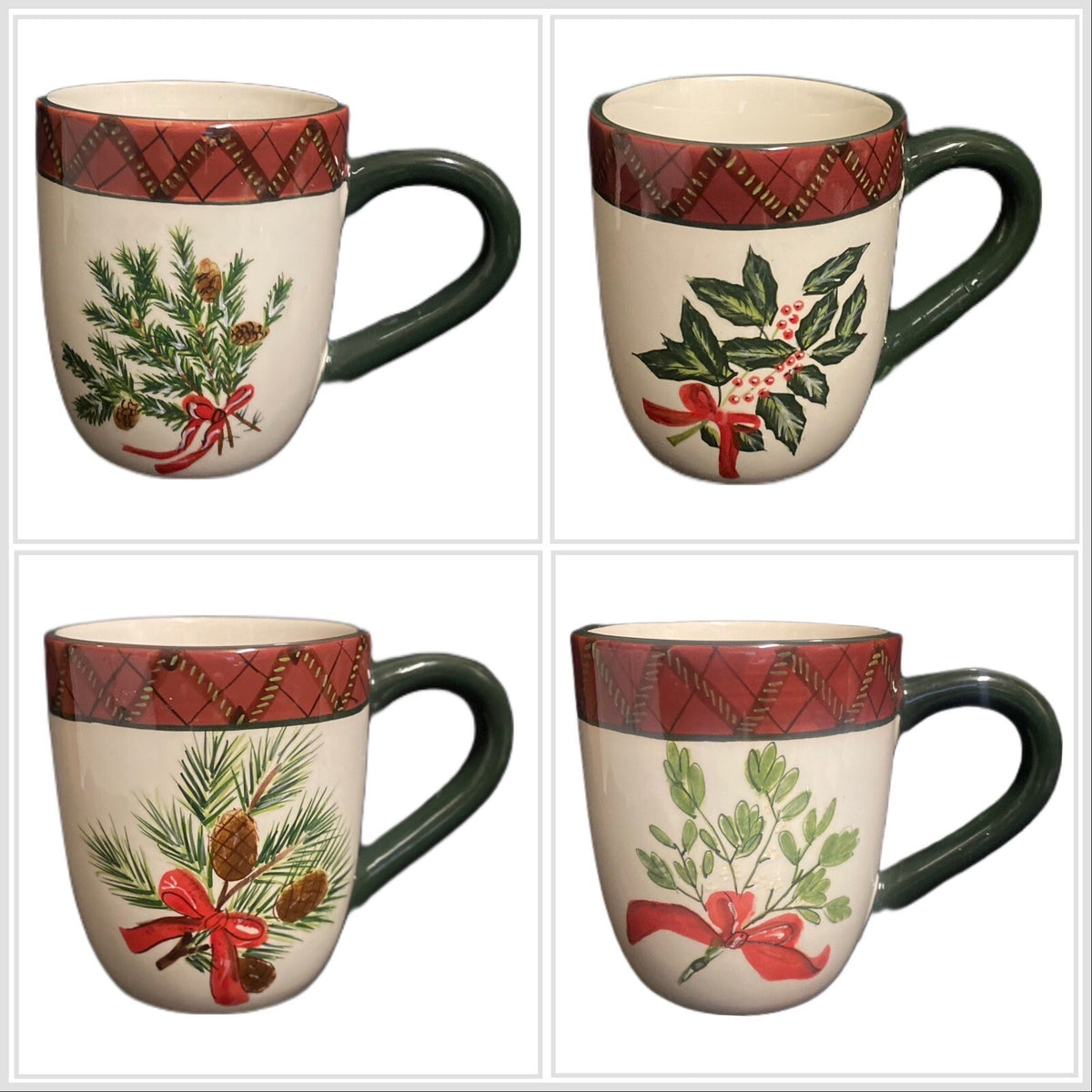 Sakura Holiday Greens 4-Mugs Red Green Plaid Border Coffee Tea  Stoneware Cup