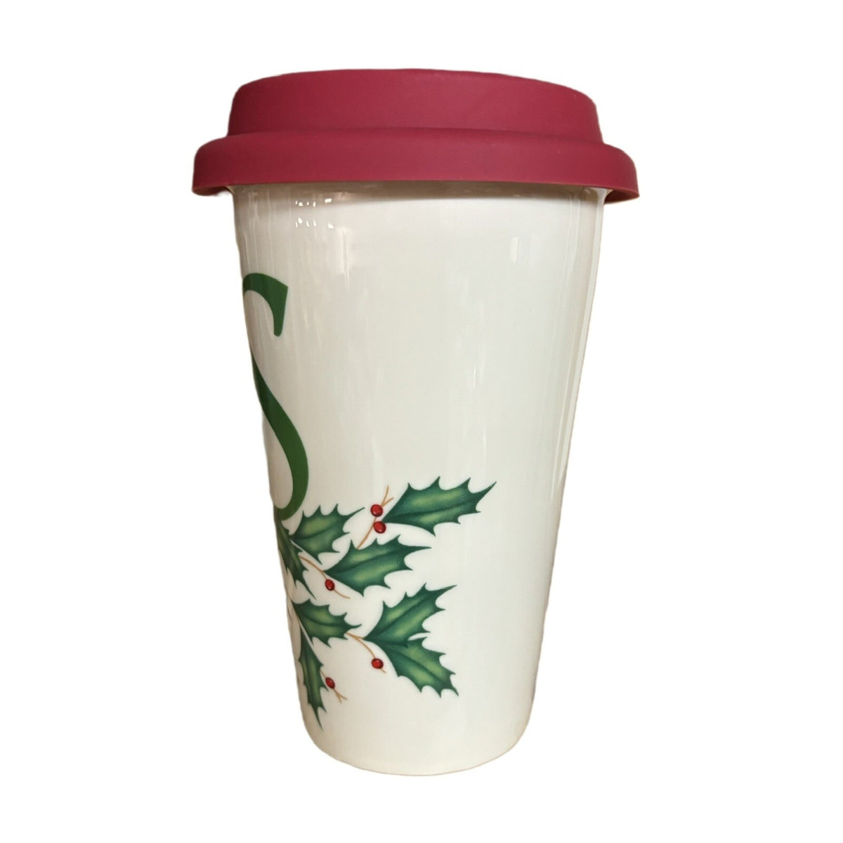 Lenox Holiday Mug Monogram S Ceramic Travel Coffee Tea Winter Cup Holly Berries