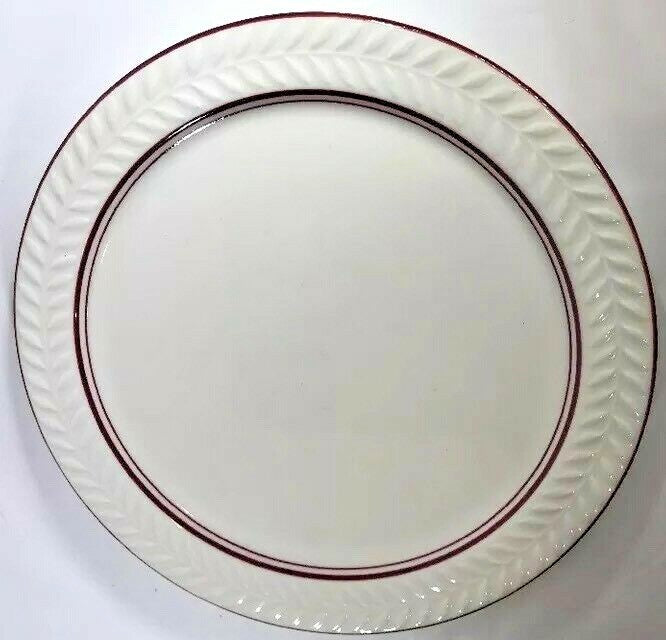 Vintage SHENANGO China 7-Dinner Plates Syracuse Embossed Laurel Red Band 10.5"D